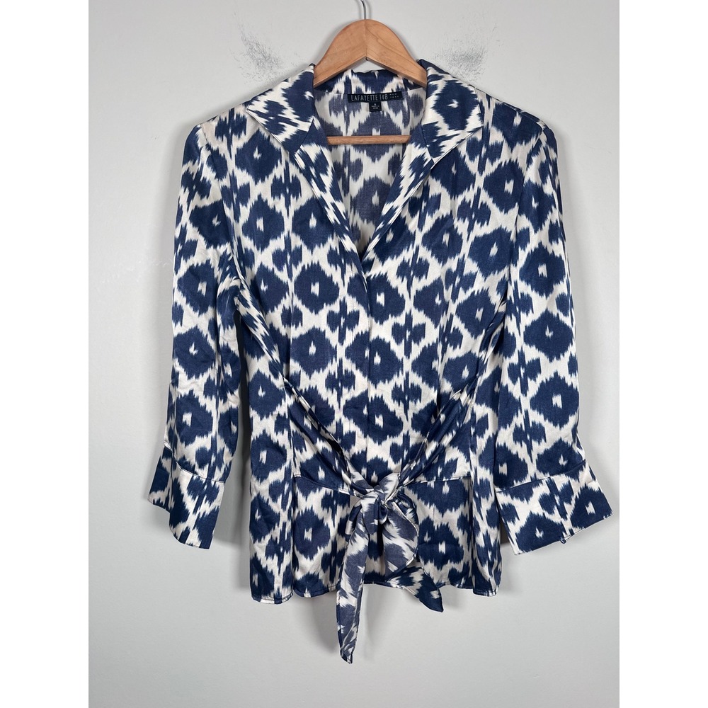 Lafayette 148 Silk Tie Waist Blouse Womens 8 Navy White Ikat Professional Chic